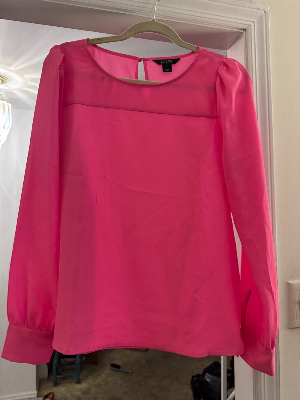 J. Crew Bright Pink Sheer Yoke Long-Sleeve Blouse - Picture 1 of 3